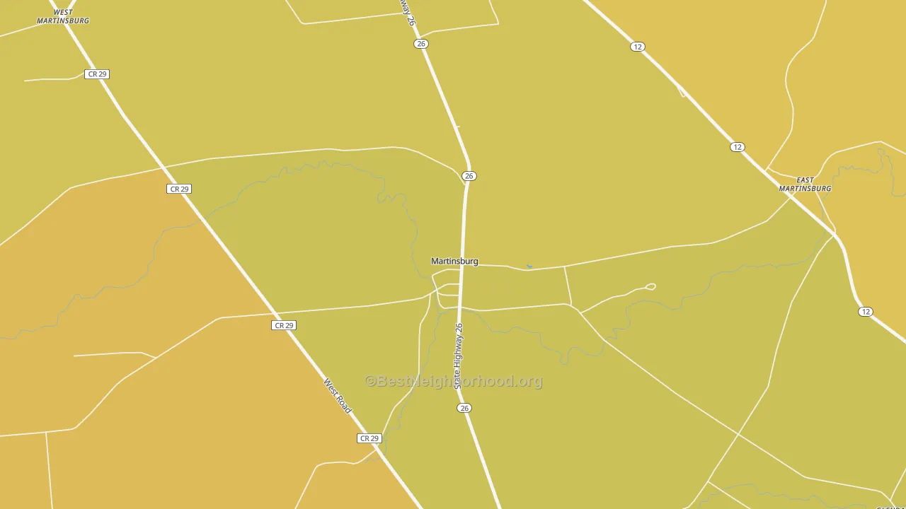 Map of the best neighborhoods in the 13404 area, with better matches in green and worse matches in red