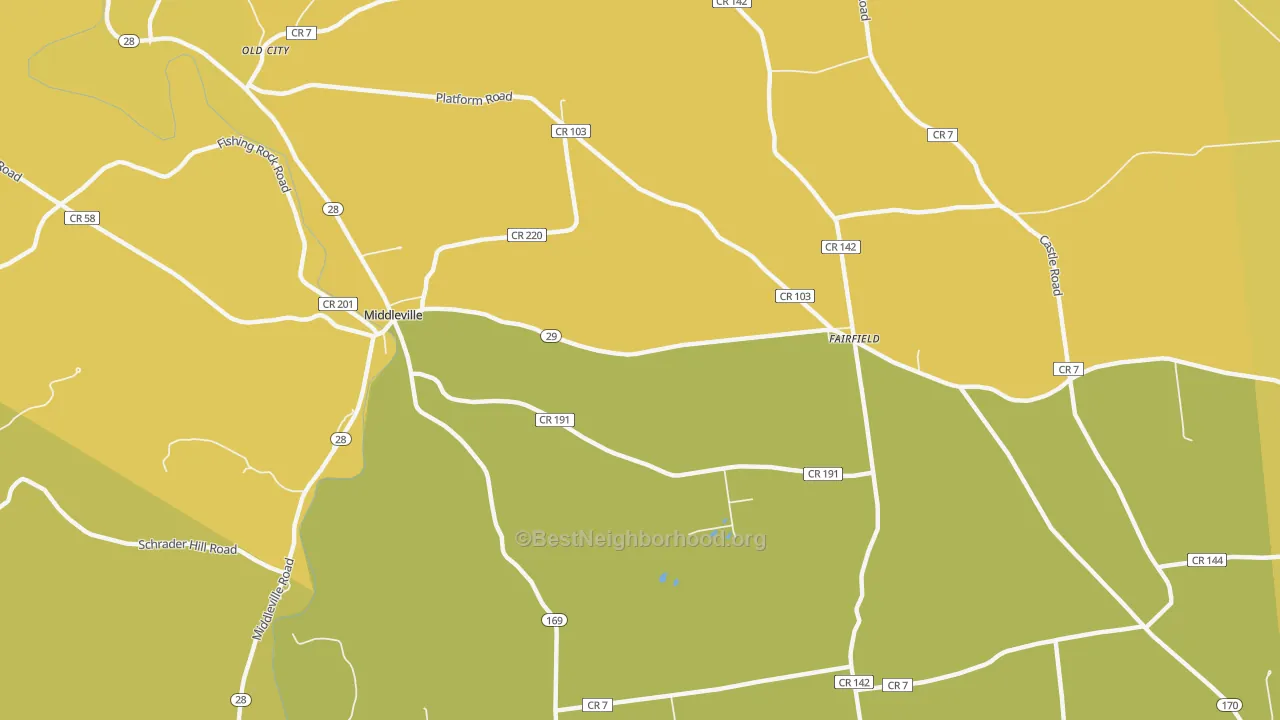 Map of the best neighborhoods in the 13406 area, with better matches in green and worse matches in red