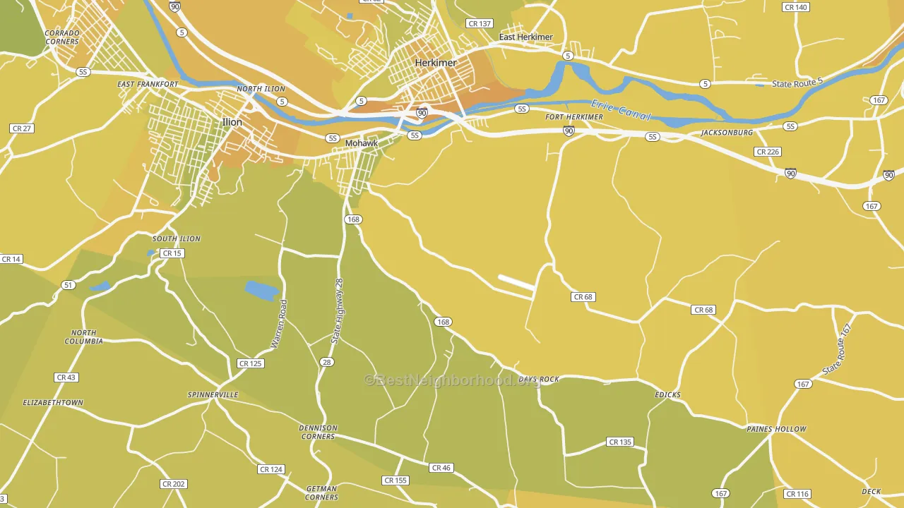 Map of the best neighborhoods in the 13407 area, with better matches in green and worse matches in red