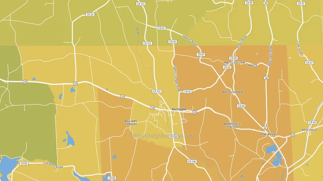 Map of the best neighborhoods in the 13408 area, with better matches in green and worse matches in red