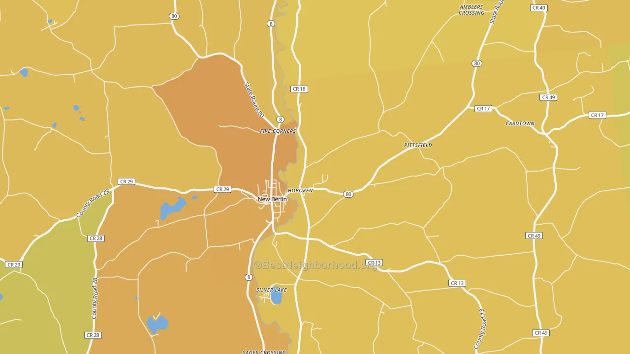 Map of the best neighborhoods in the 13411 area, with better matches in green and worse matches in red