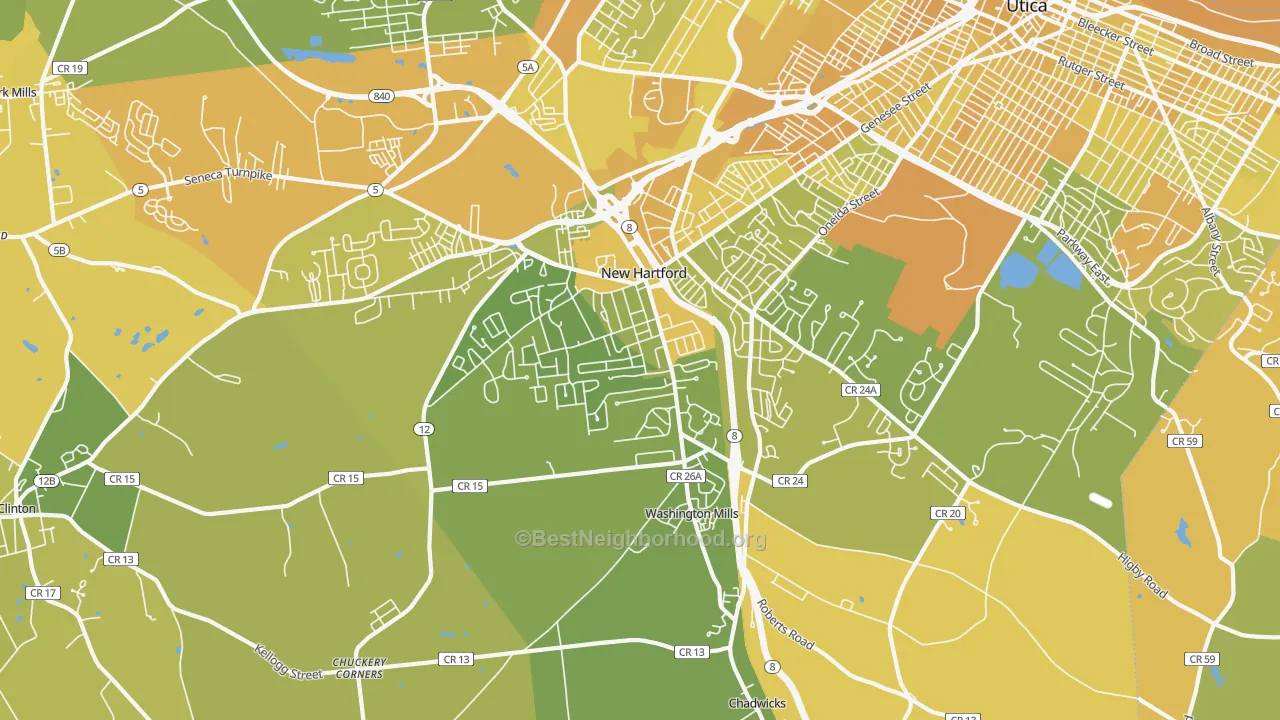 Map of the best neighborhoods in the 13413 area, with better matches in green and worse matches in red