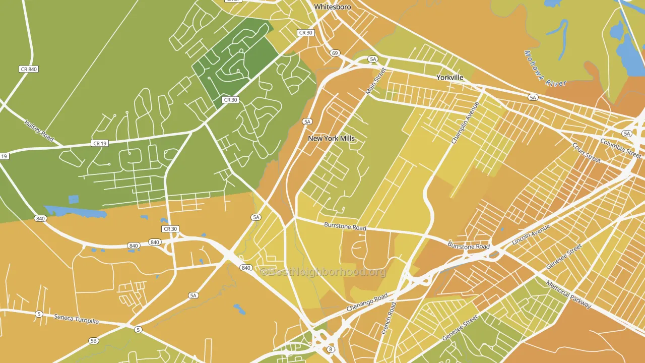 Map of the best neighborhoods in the 13417 area, with better matches in green and worse matches in red