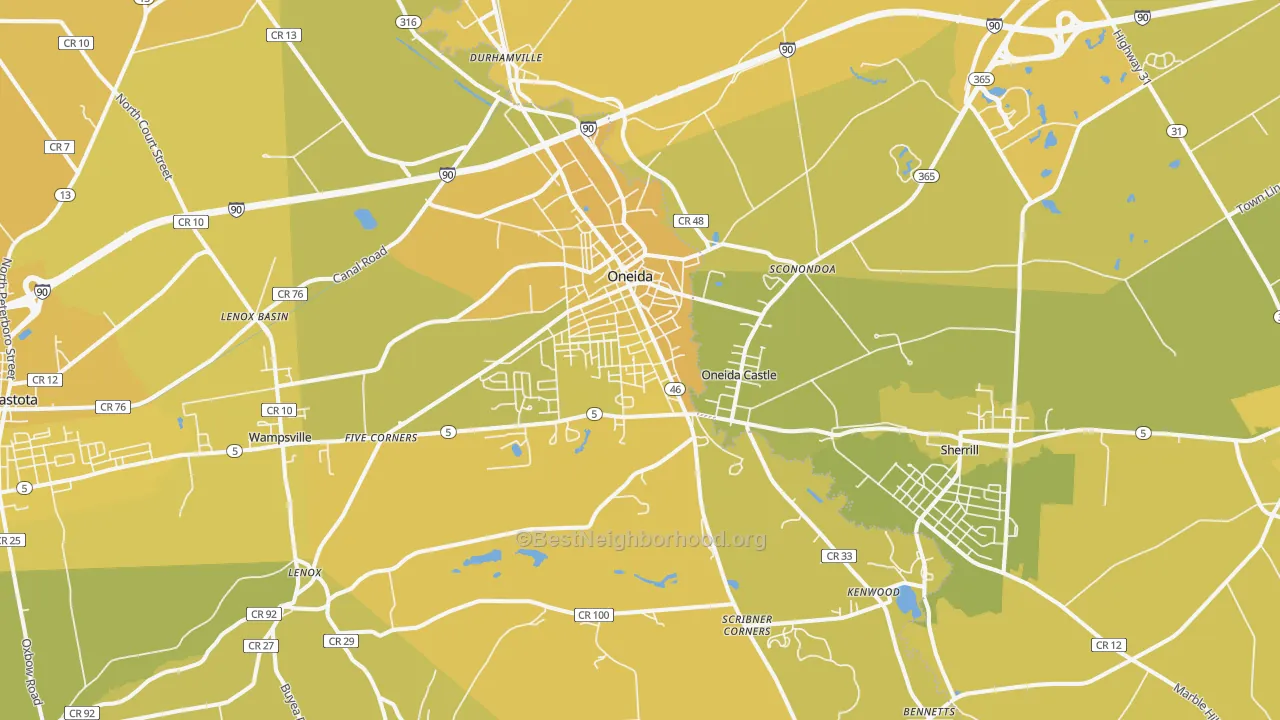 Map of the best neighborhoods in the 13421 area, with better matches in green and worse matches in red