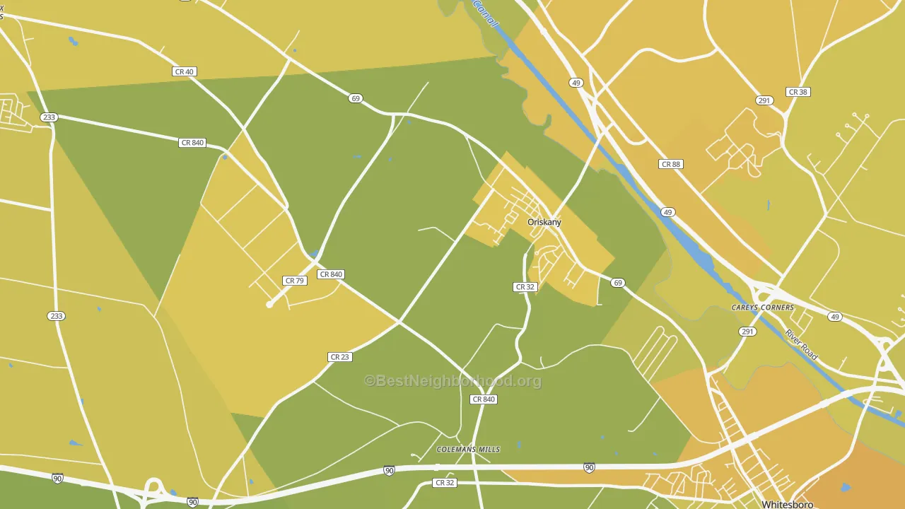 Map of the best neighborhoods in the 13424 area, with better matches in green and worse matches in red