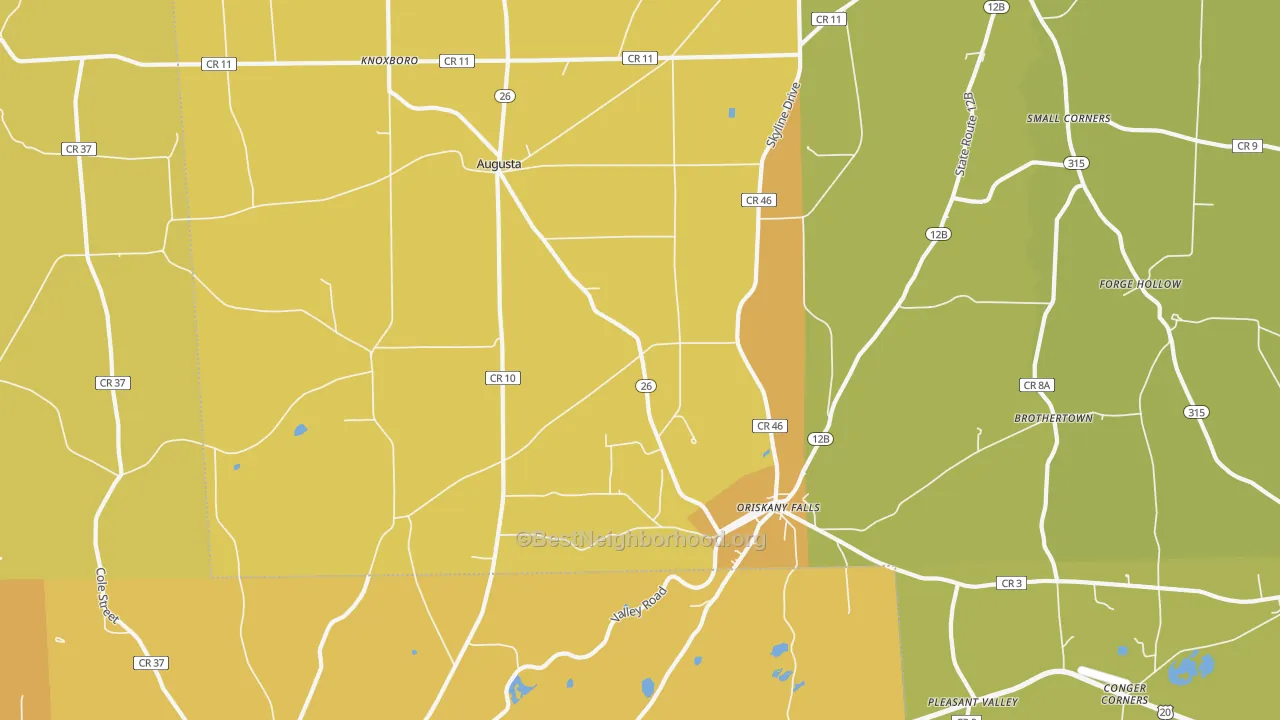 Map of the best neighborhoods in the 13425 area, with better matches in green and worse matches in red