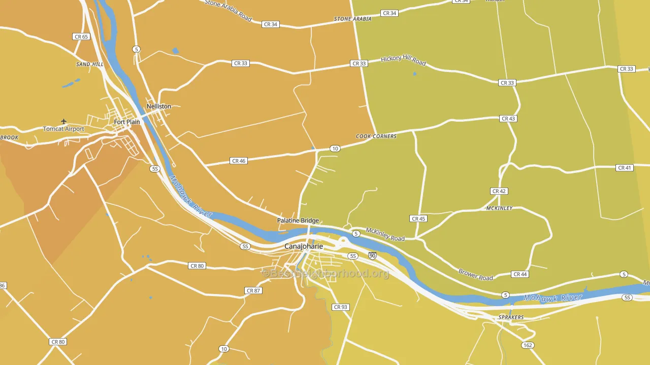 Map of the best neighborhoods in the 13428 area, with better matches in green and worse matches in red