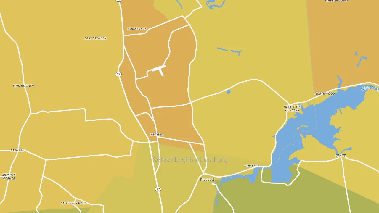 Map of the best neighborhoods in the 13438 area, with better matches in green and worse matches in red
