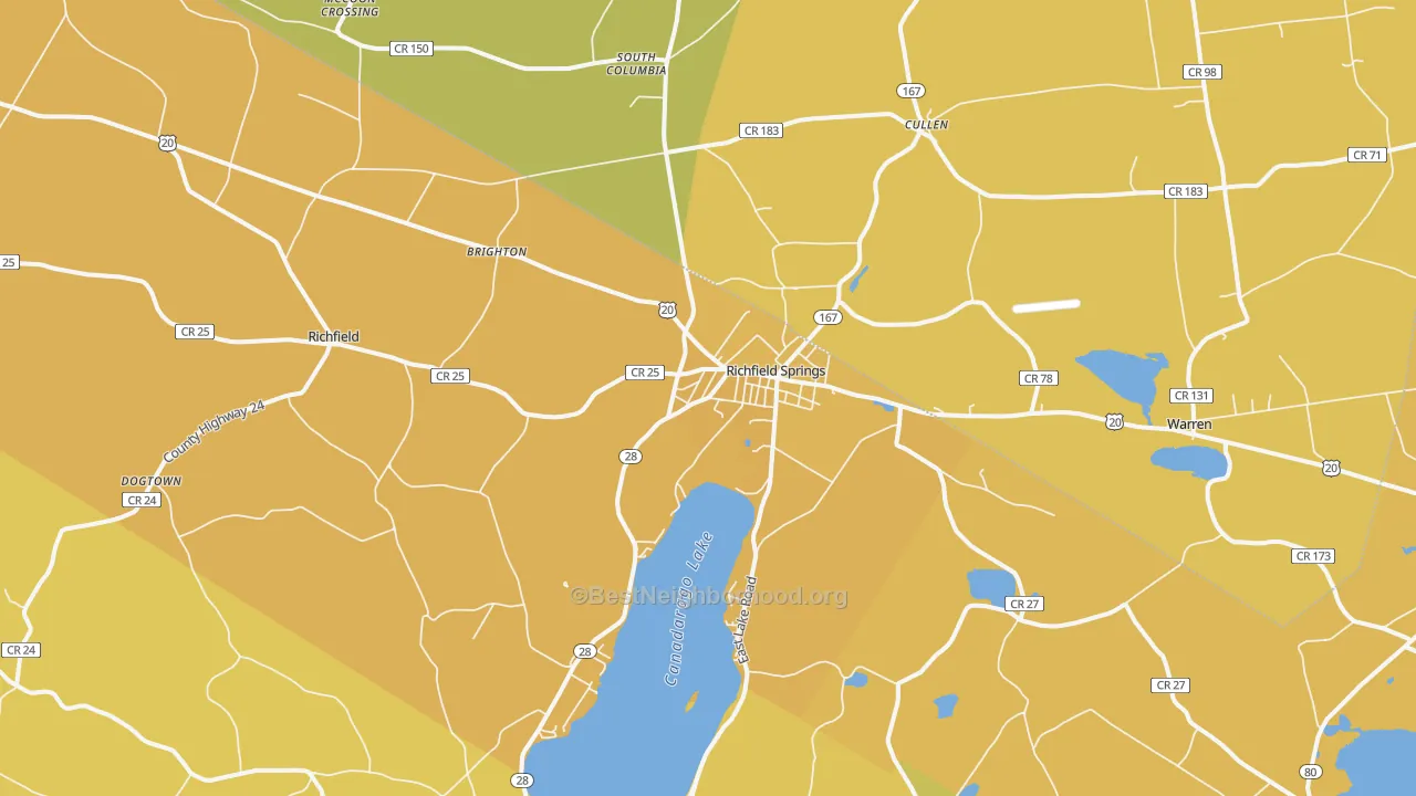 Map of the best neighborhoods in the 13439 area, with better matches in green and worse matches in red
