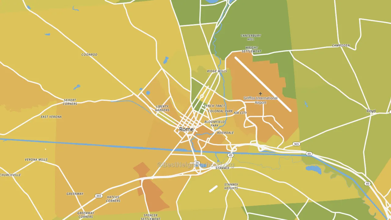 Map of the best neighborhoods in the 13440 area, with better matches in green and worse matches in red