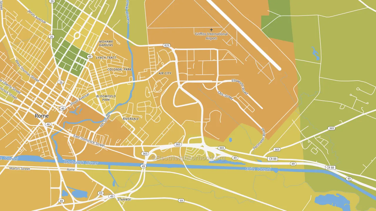 Map of the best neighborhoods in the 13441 area, with better matches in green and worse matches in red