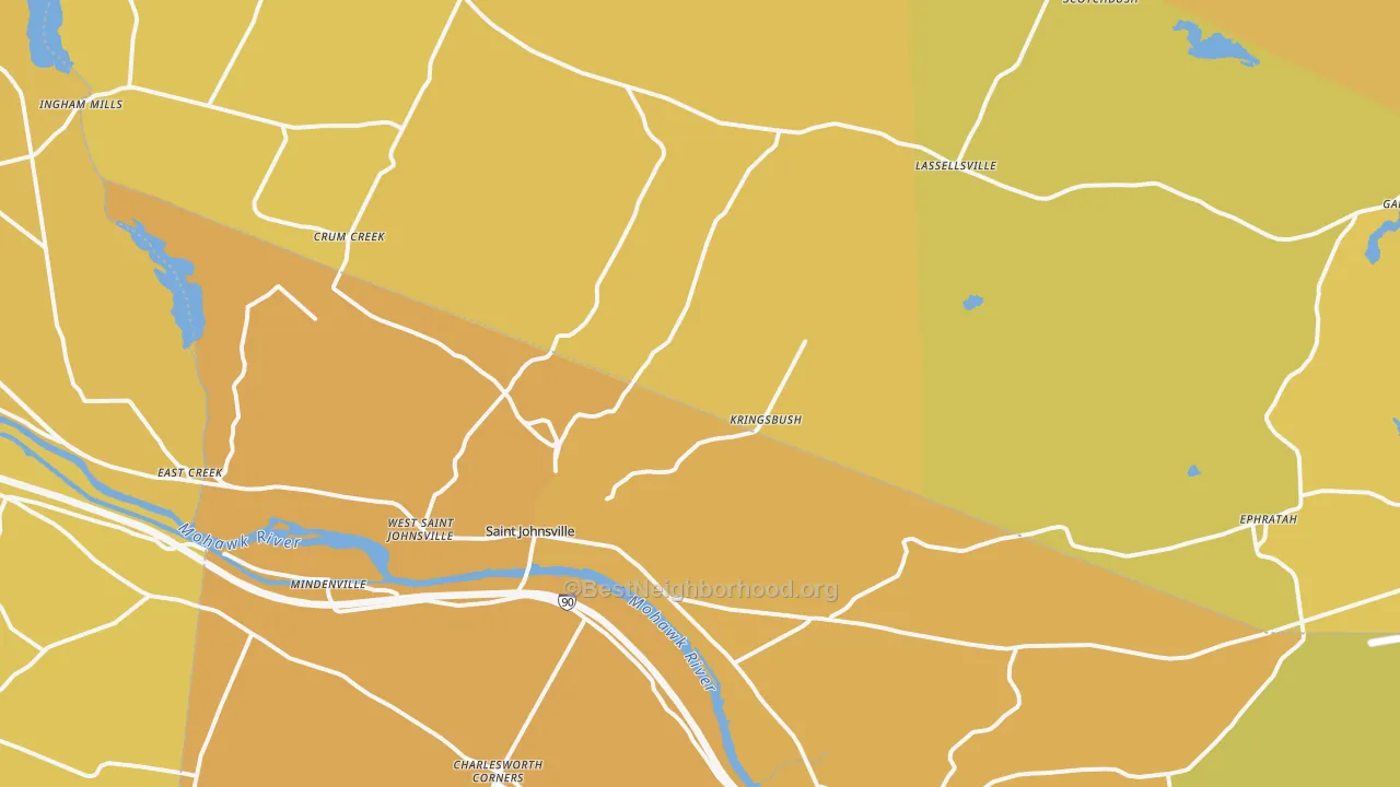 Map of the best neighborhoods in the 13452 area, with better matches in green and worse matches in red