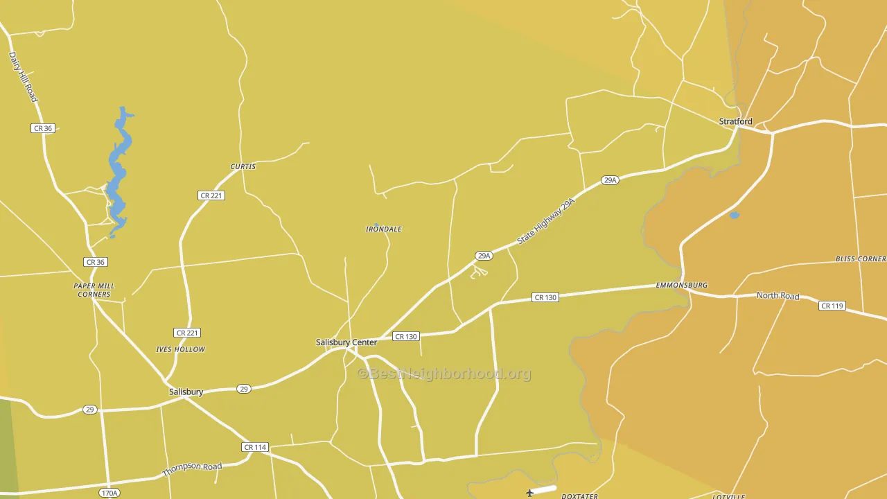 Map of the best neighborhoods in the 13454 area, with better matches in green and worse matches in red