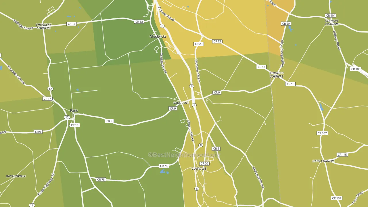 Map of the best neighborhoods in the 13456 area, with better matches in green and worse matches in red