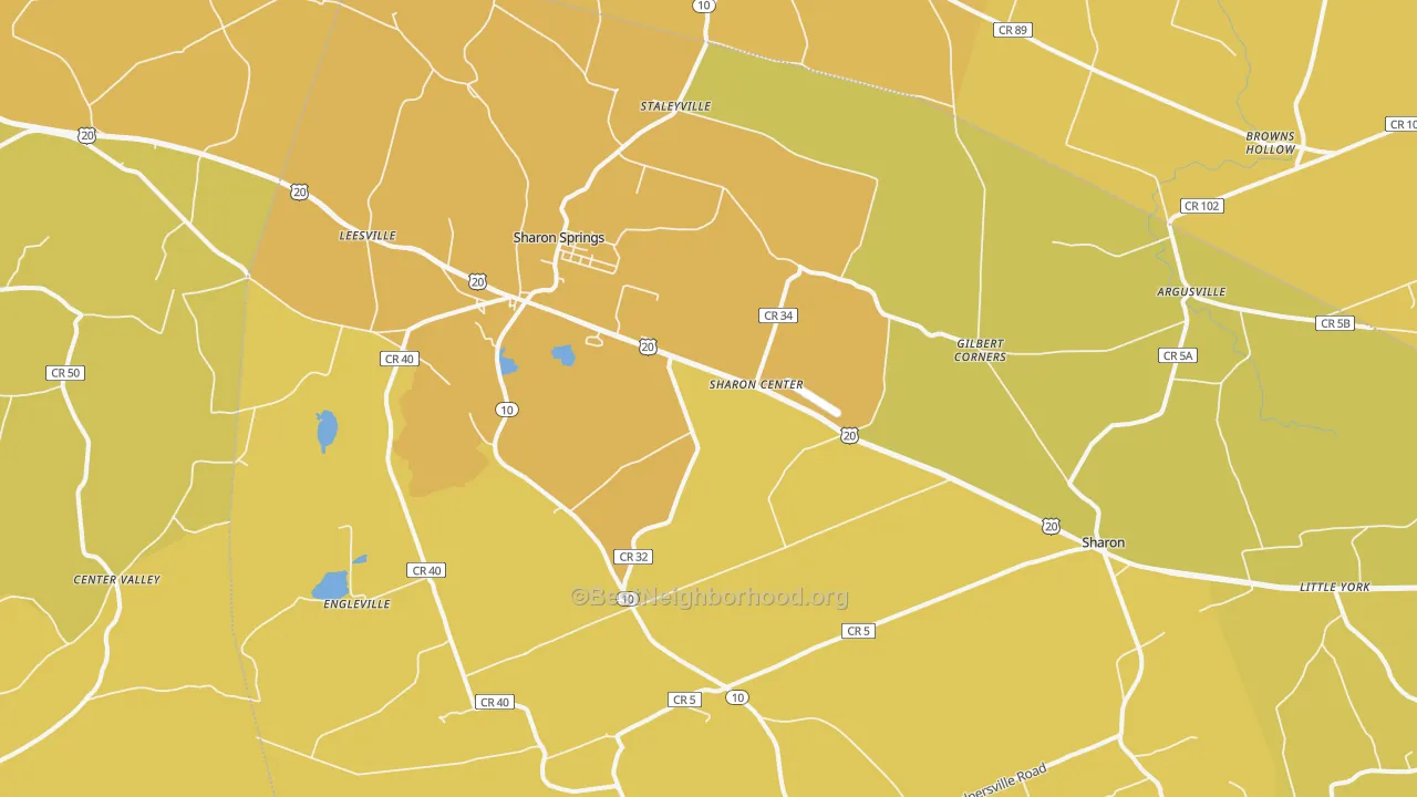 Map of the best neighborhoods in the 13459 area, with better matches in green and worse matches in red