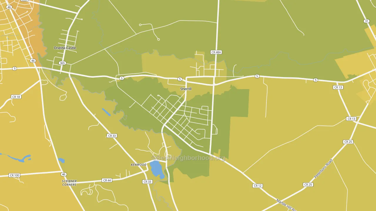 Map of the best neighborhoods in the 13461 area, with better matches in green and worse matches in red
