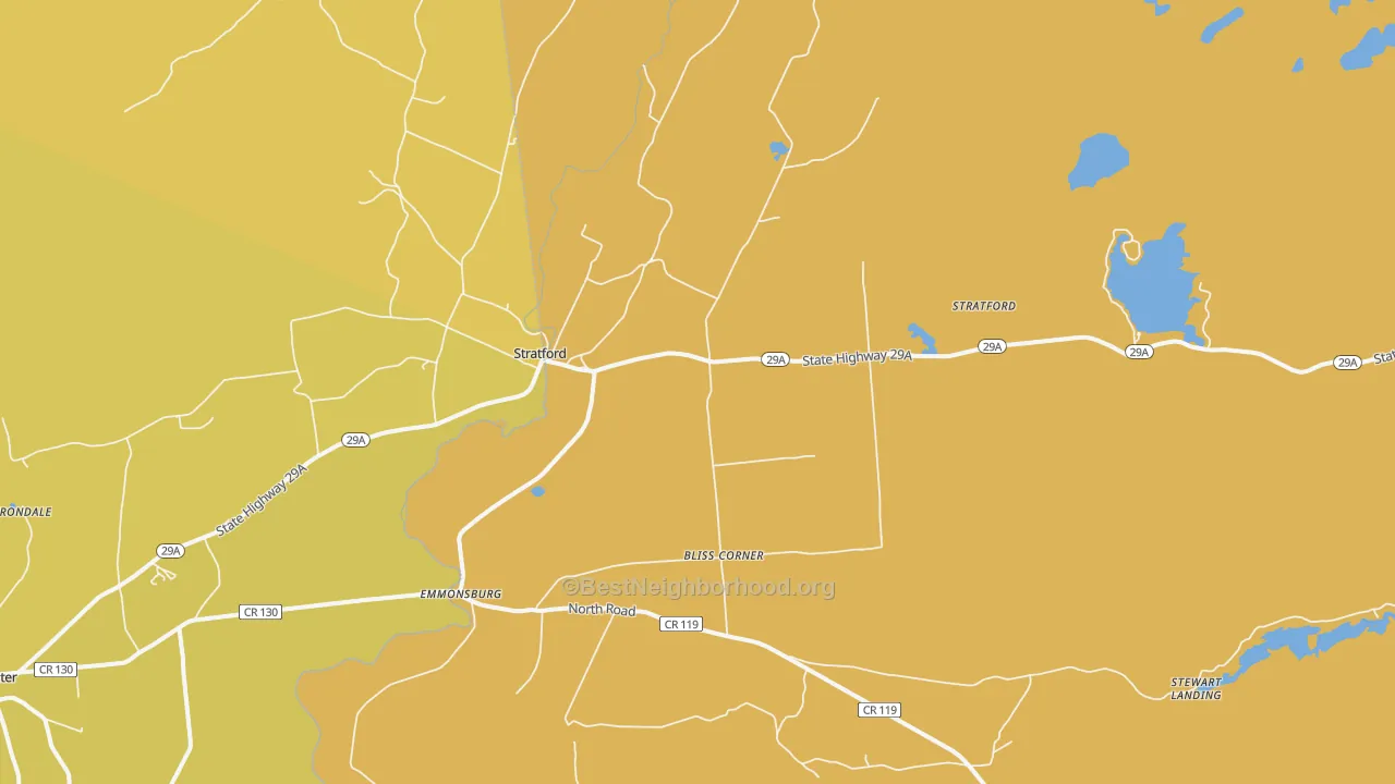 Map of the best neighborhoods in the 13470 area, with better matches in green and worse matches in red