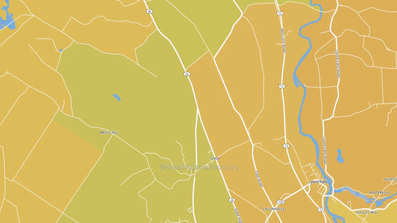 Map of the best neighborhoods in the 13473 area, with better matches in green and worse matches in red