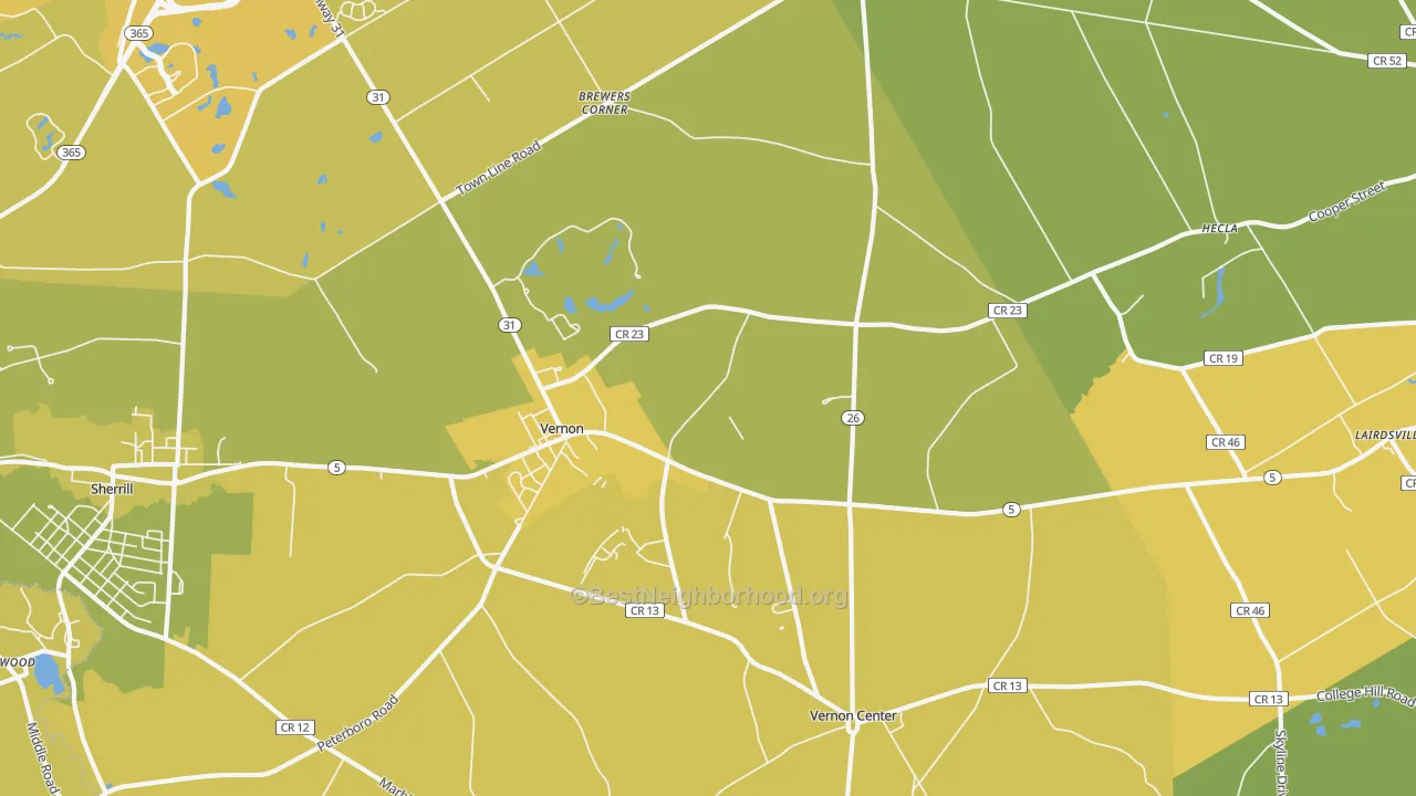 Map of the best neighborhoods in the 13476 area, with better matches in green and worse matches in red
