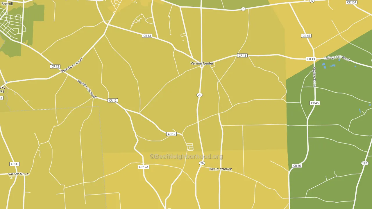 Map of the best neighborhoods in the 13477 area, with better matches in green and worse matches in red