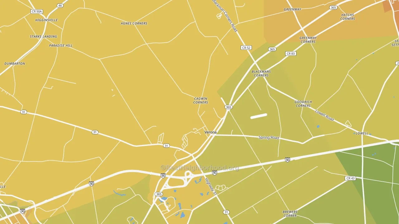 Map of the best neighborhoods in the 13478 area, with better matches in green and worse matches in red