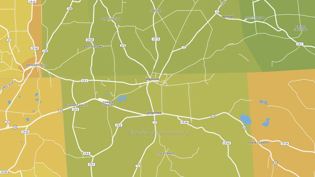 Map of the best neighborhoods in the 13480 area, with better matches in green and worse matches in red