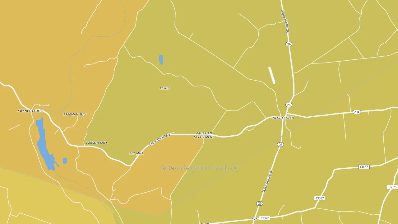 Map of the best neighborhoods in the 13489 area, with better matches in green and worse matches in red