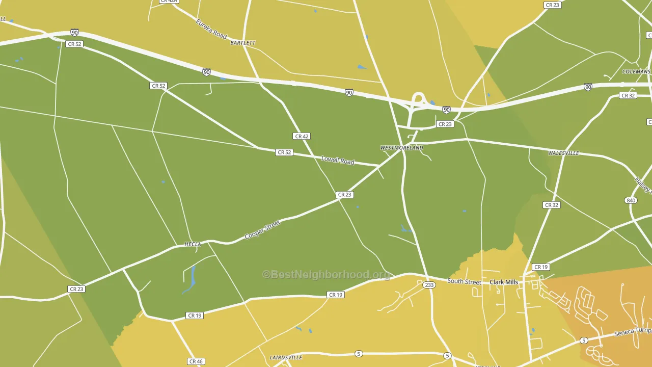 Map of the best neighborhoods in the 13490 area, with better matches in green and worse matches in red