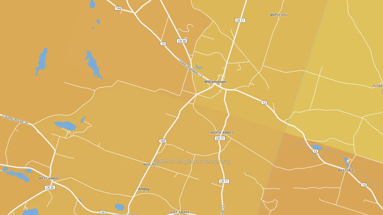 Map of the best neighborhoods in the 13493 area, with better matches in green and worse matches in red
