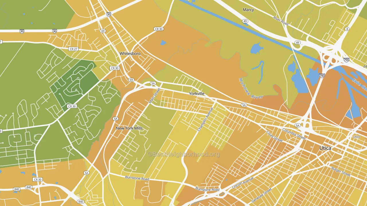 Map of the best neighborhoods in the 13495 area, with better matches in green and worse matches in red