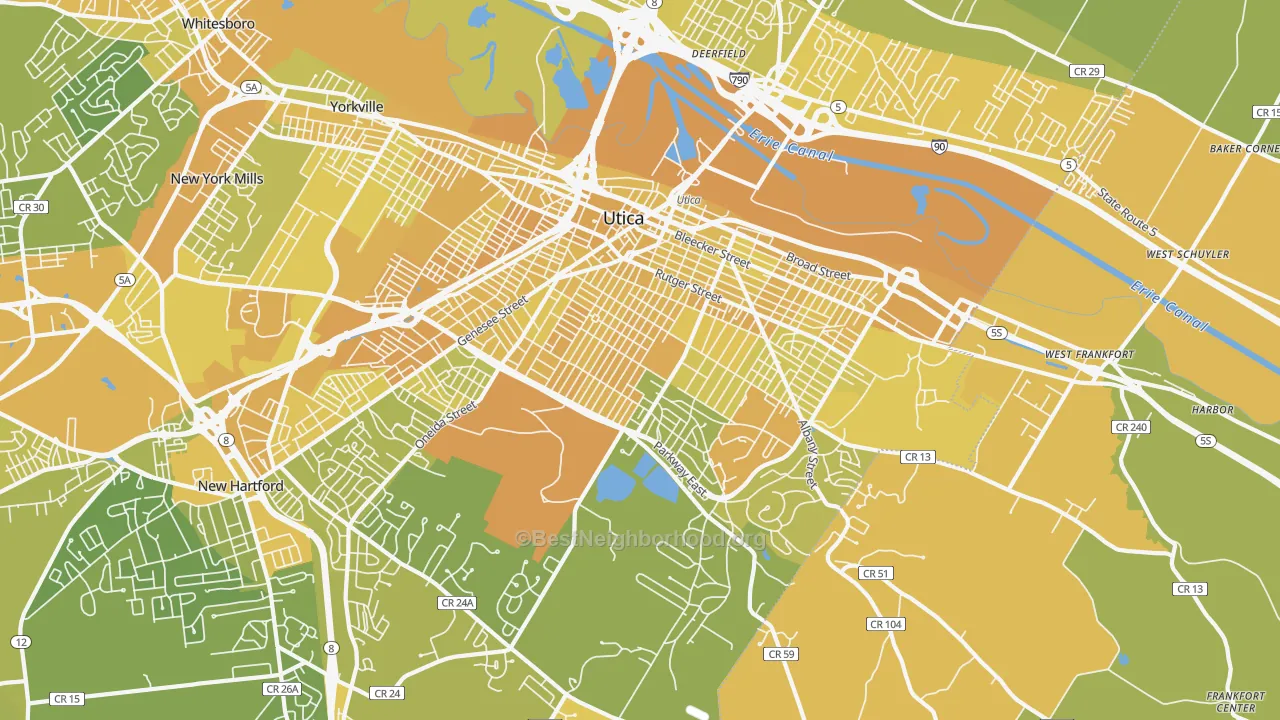 Map of the best neighborhoods in the 13501 area, with better matches in green and worse matches in red