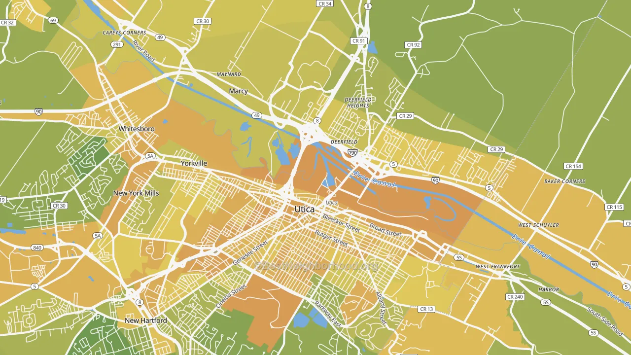 Map of the best neighborhoods in the 13502 area, with better matches in green and worse matches in red