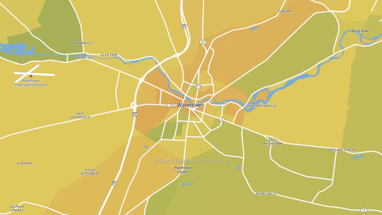 Map of the best neighborhoods in the 13601 area, with better matches in green and worse matches in red