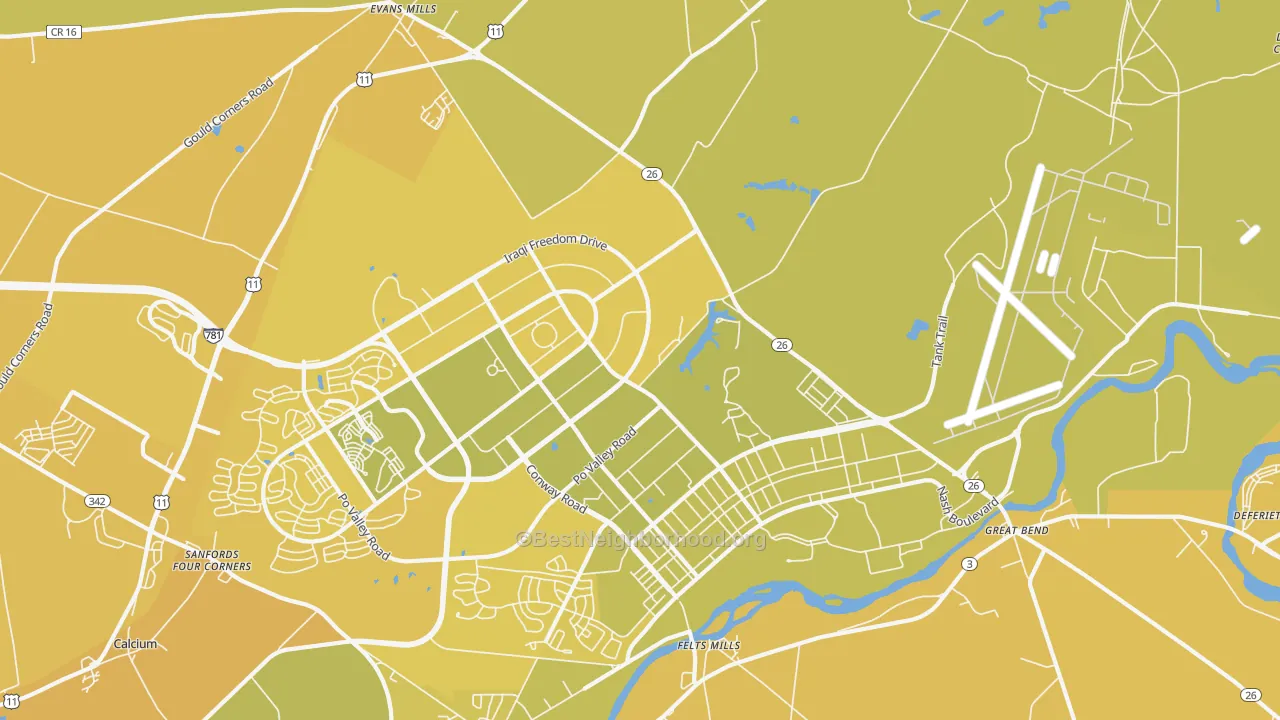 Map of the best neighborhoods in the 13602 area, with better matches in green and worse matches in red