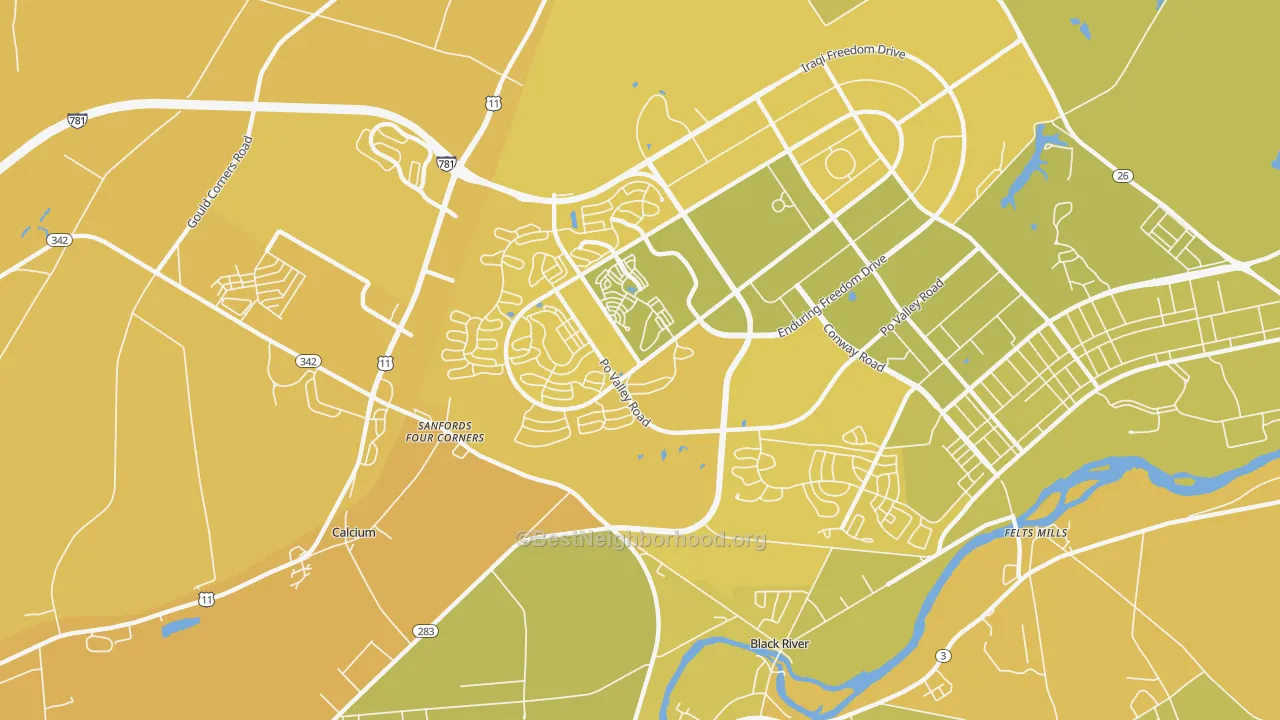 Map of the best neighborhoods in the 13603 area, with better matches in green and worse matches in red