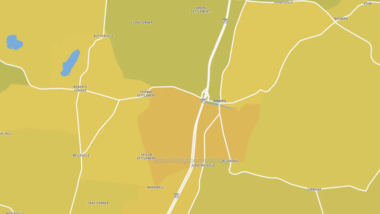 Map of the best neighborhoods in the 13605 area, with better matches in green and worse matches in red
