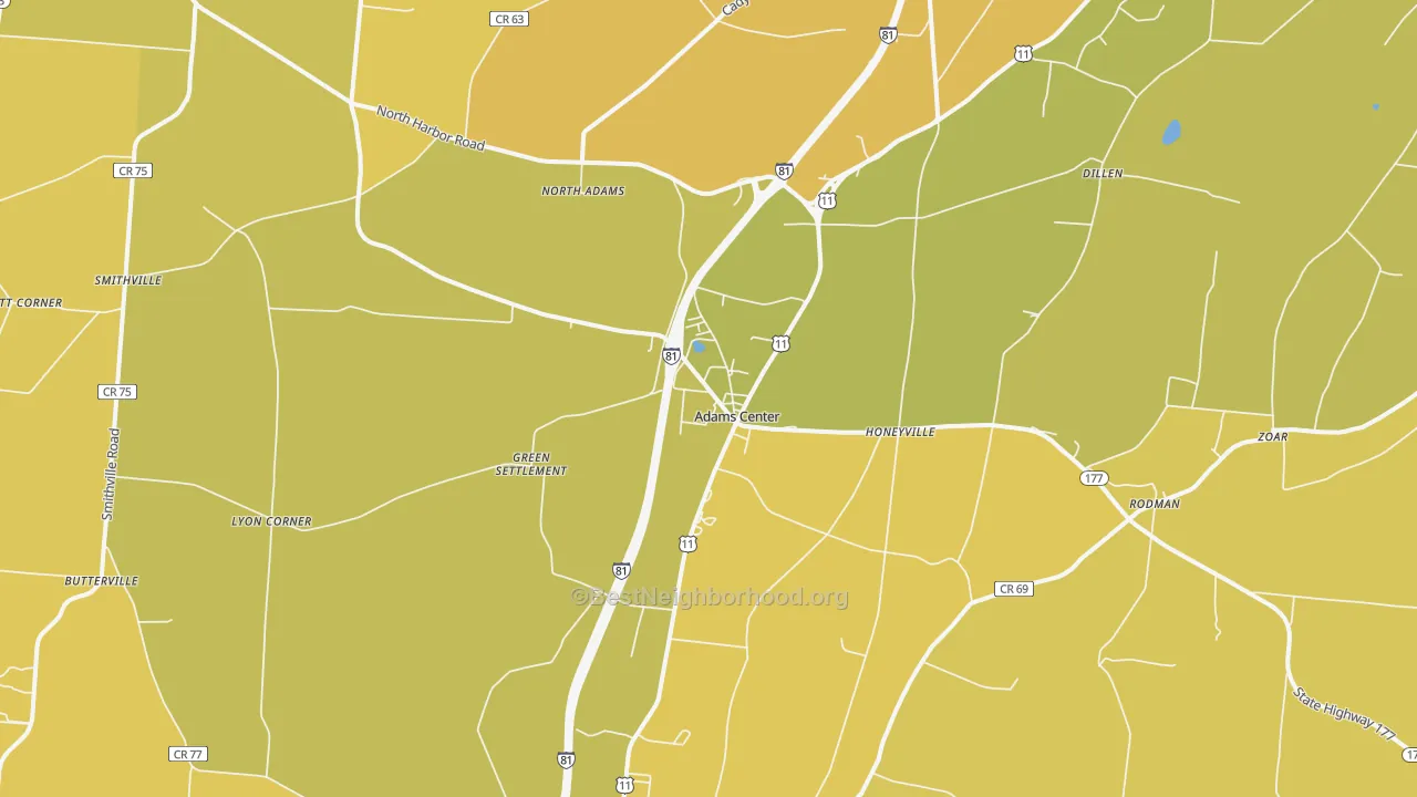 Map of the best neighborhoods in the 13606 area, with better matches in green and worse matches in red