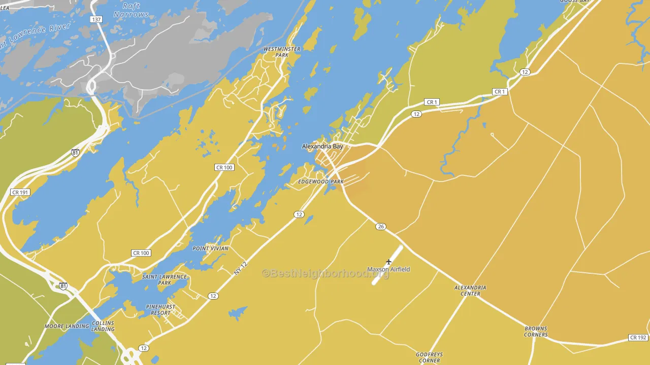 Map of the best neighborhoods in the 13607 area, with better matches in green and worse matches in red