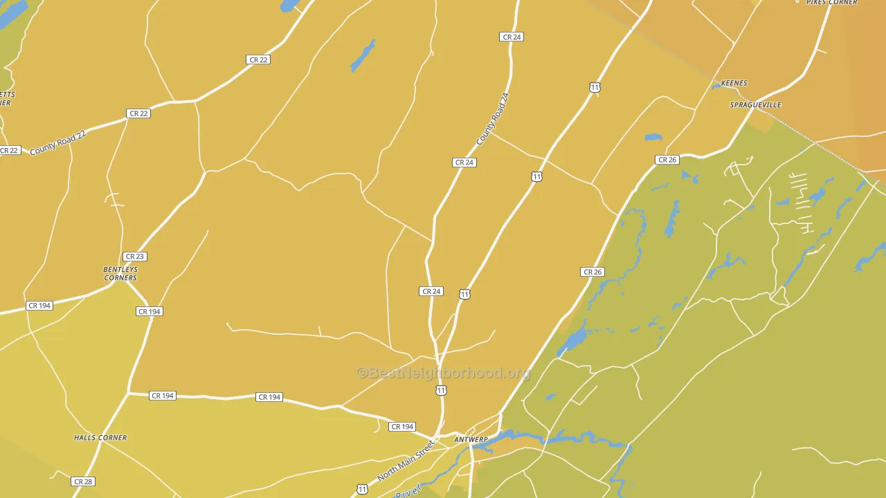 Map of the best neighborhoods in the 13608 area, with better matches in green and worse matches in red