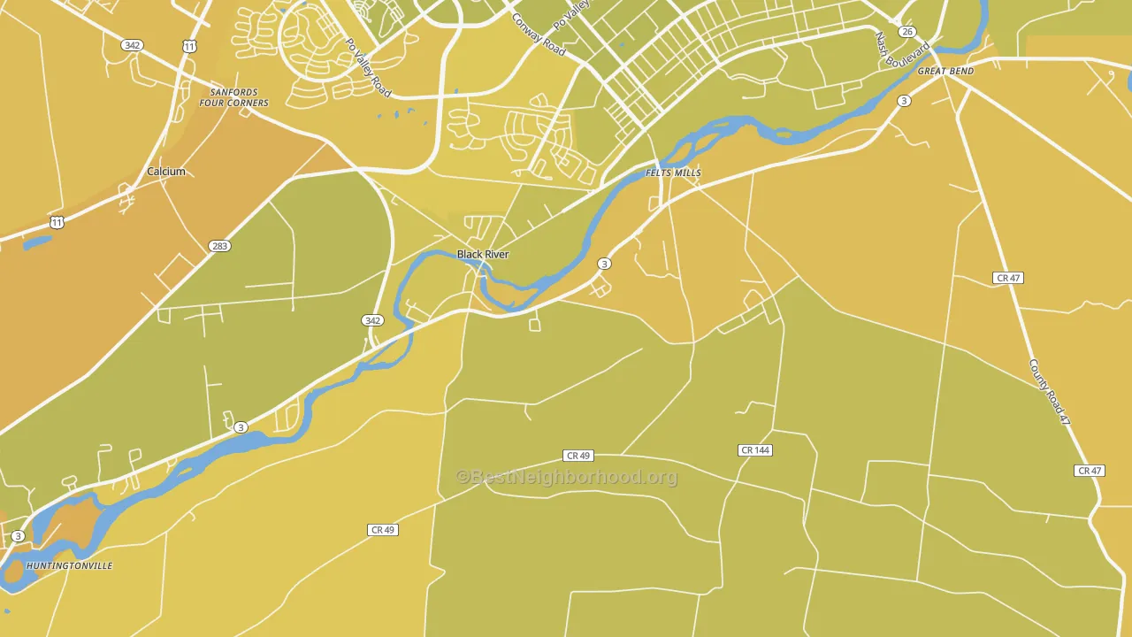 Map of the best neighborhoods in the 13612 area, with better matches in green and worse matches in red