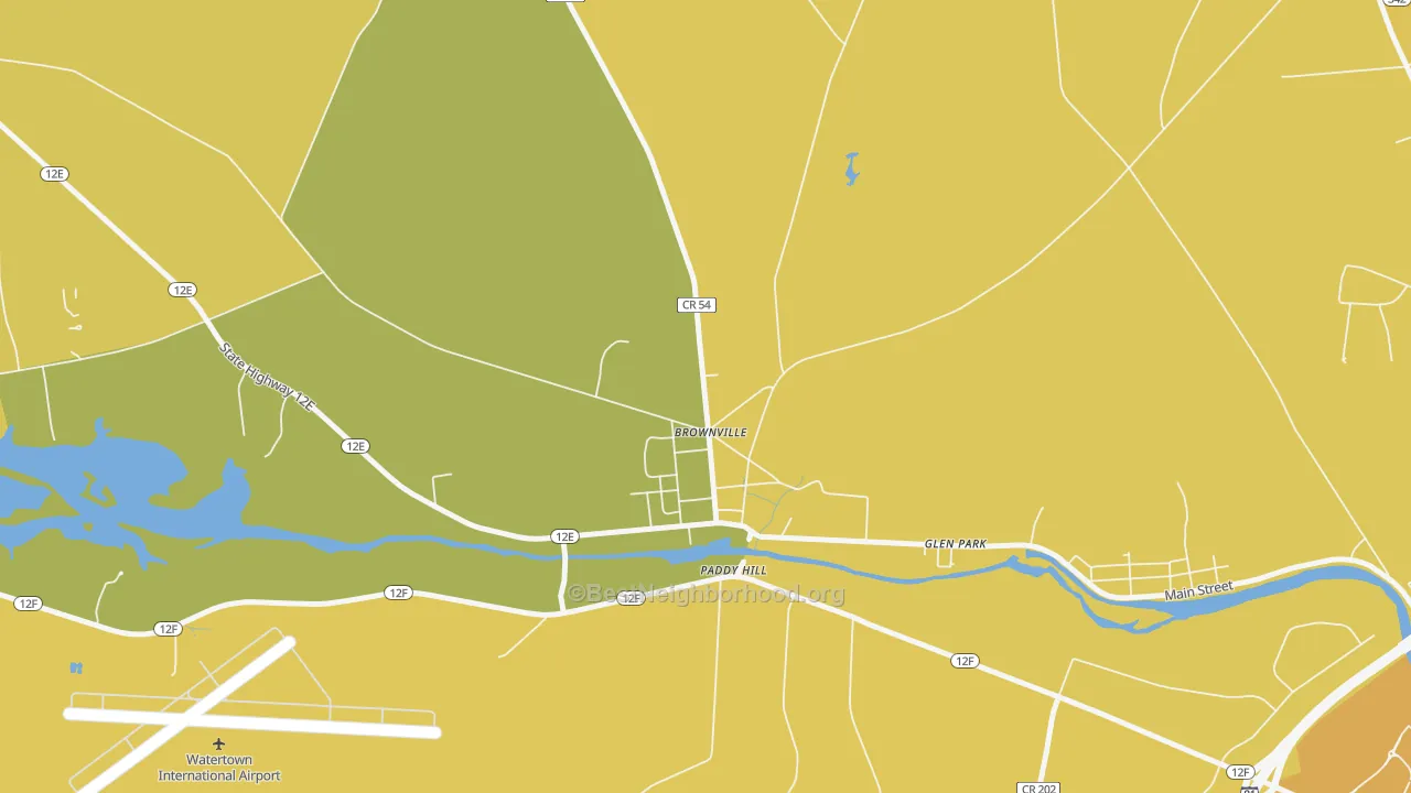 Map of the best neighborhoods in the 13615 area, with better matches in green and worse matches in red