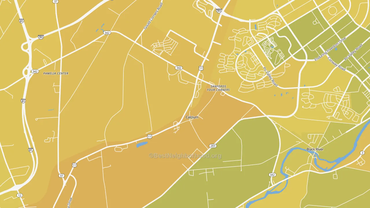 Map of the best neighborhoods in the 13616 area, with better matches in green and worse matches in red