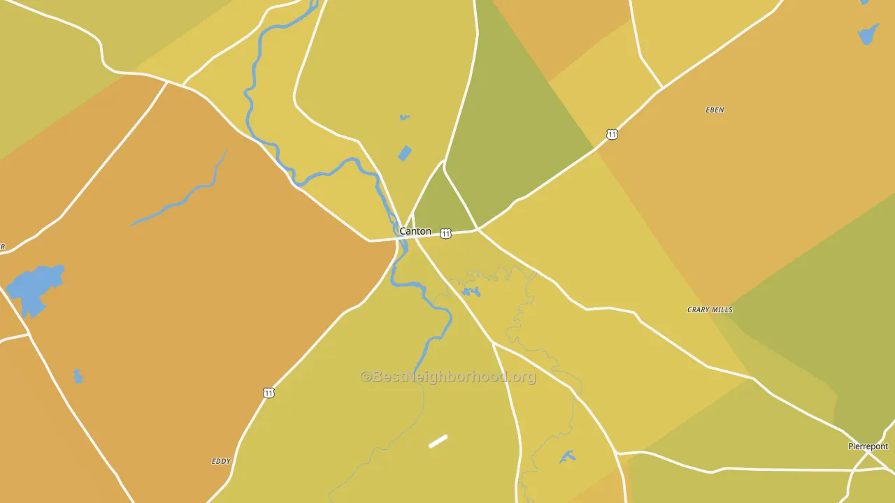 Map of the best neighborhoods in the 13617 area, with better matches in green and worse matches in red