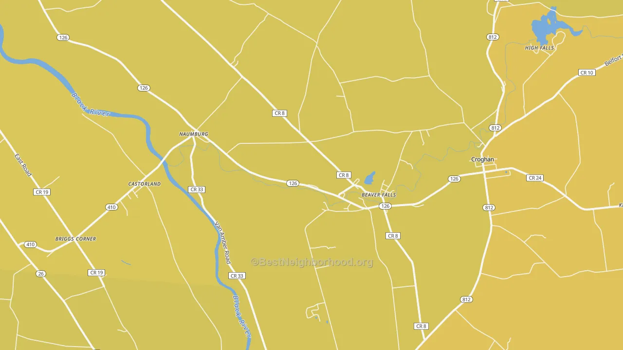 Map of the best neighborhoods in the 13620 area, with better matches in green and worse matches in red
