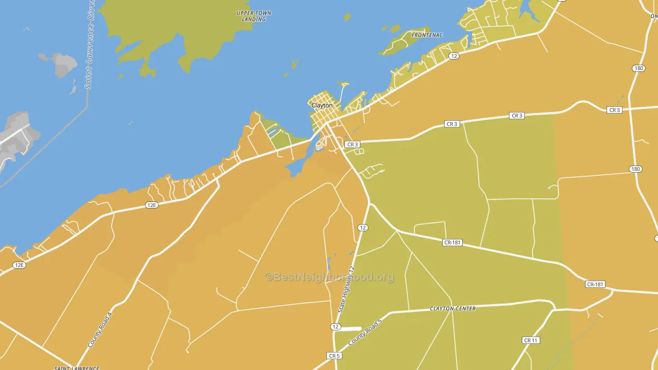 Map of the best neighborhoods in the 13624 area, with better matches in green and worse matches in red