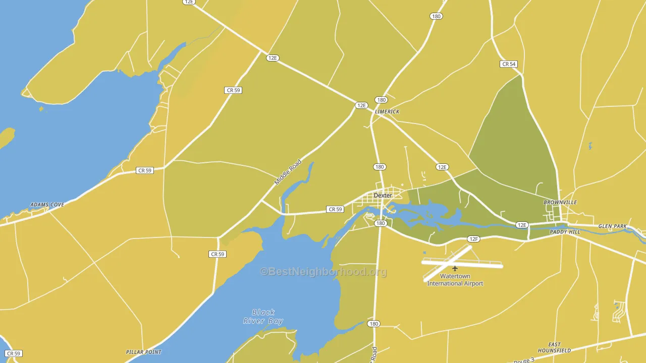 Map of the best neighborhoods in the 13634 area, with better matches in green and worse matches in red