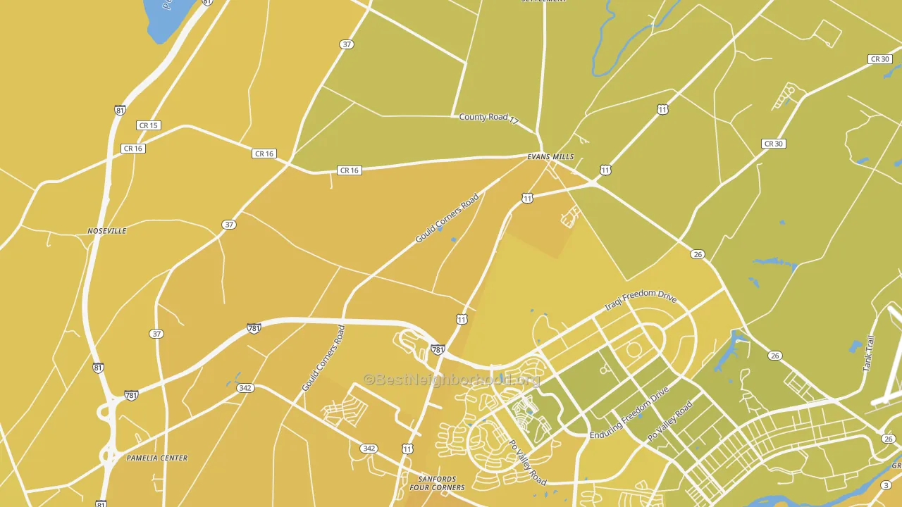 Map of the best neighborhoods in the 13637 area, with better matches in green and worse matches in red