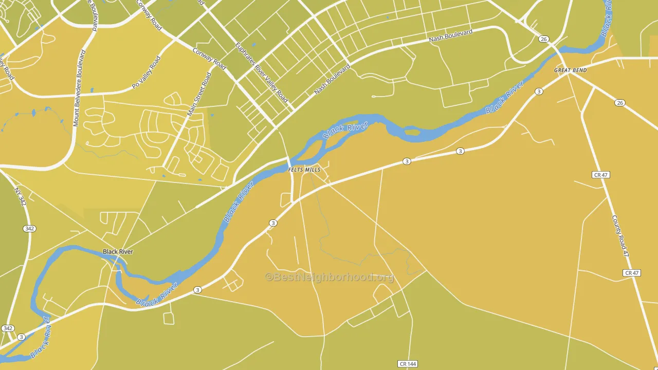 Map of the best neighborhoods in the 13638 area, with better matches in green and worse matches in red