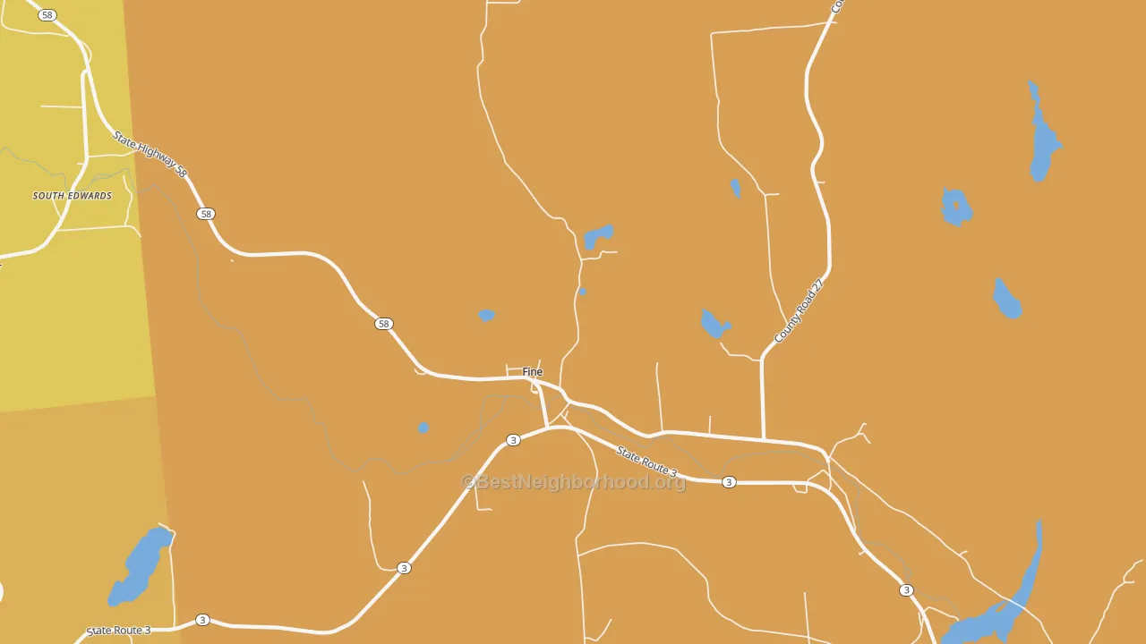 Map of the best neighborhoods in the 13639 area, with better matches in green and worse matches in red