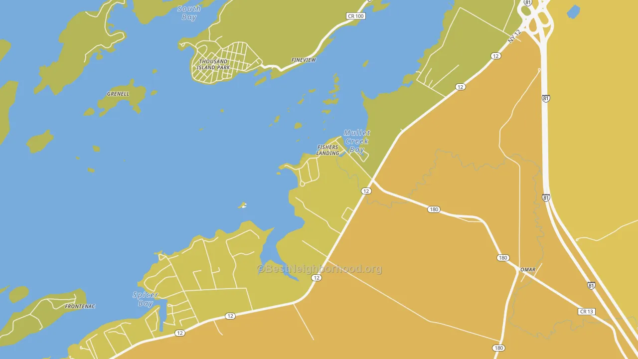 Map of the best neighborhoods in the 13641 area, with better matches in green and worse matches in red